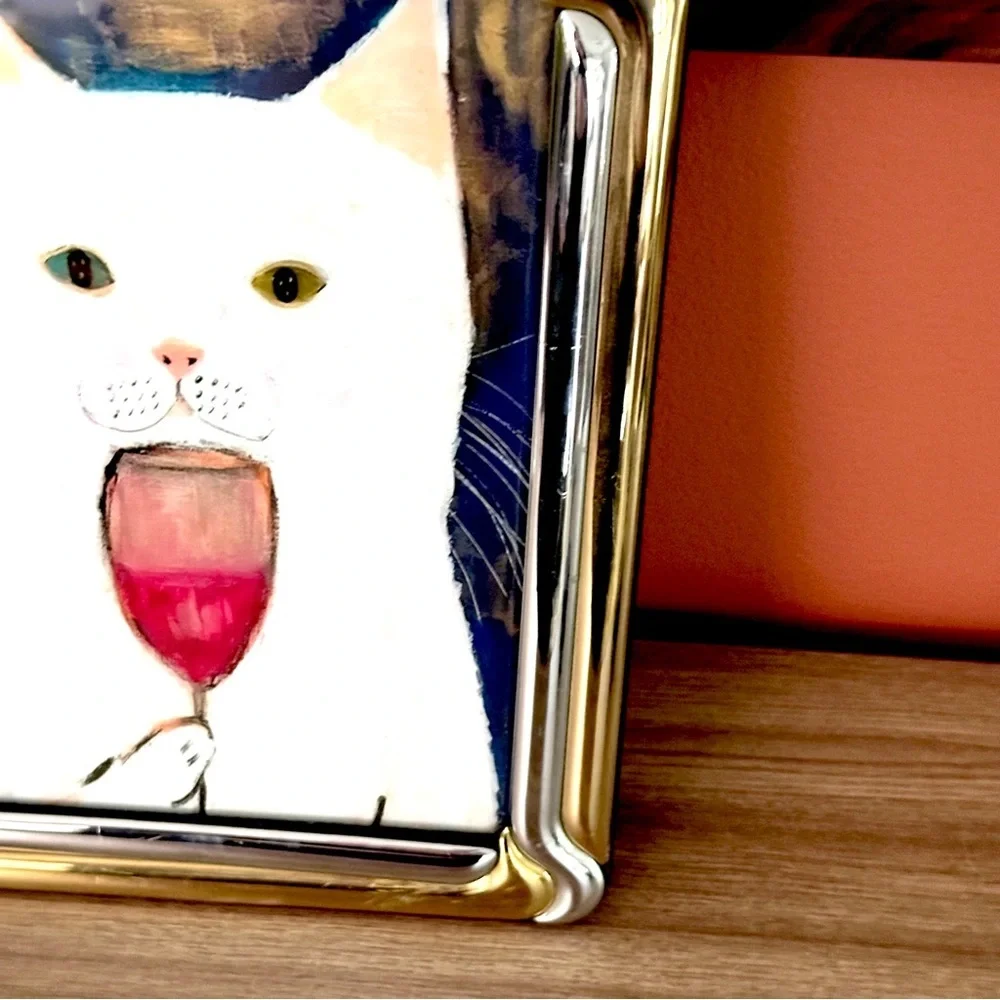 Red Wine Drinking White Cat Quirky Canvas Print Wall Art Vintage Brass Framed